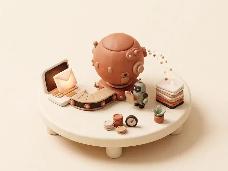 A clay diorama of a laptop sending an envelope to a friendly terracotta orb, with a stream of glowing beads flowing out to a stack of cards