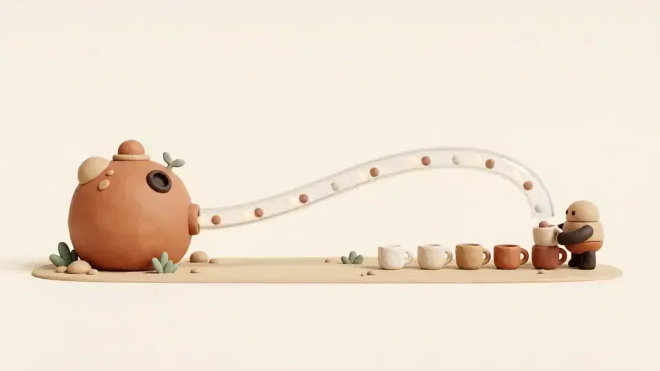 Glowing beads flow through a clear pipe from an orb into a row of cups