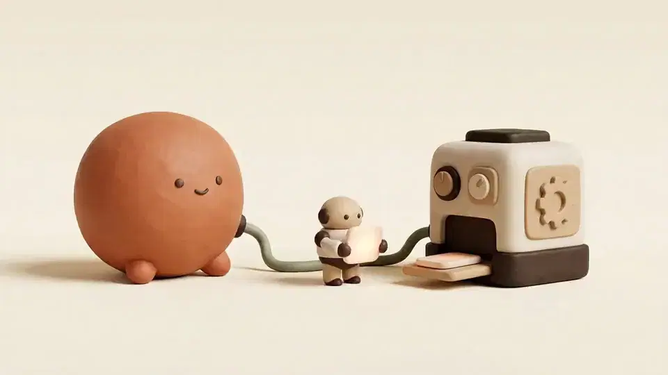 A glowing card travels from an orb to a small machine and back