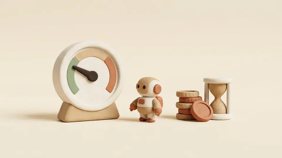 A gauge needle sweeps from the green zone toward red and back while sand runs in an hourglass beside a small robot