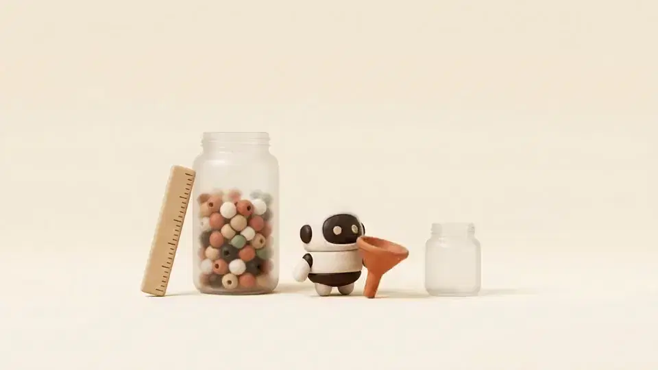 Colored beads flow from a tall jar through a funnel into a small jar