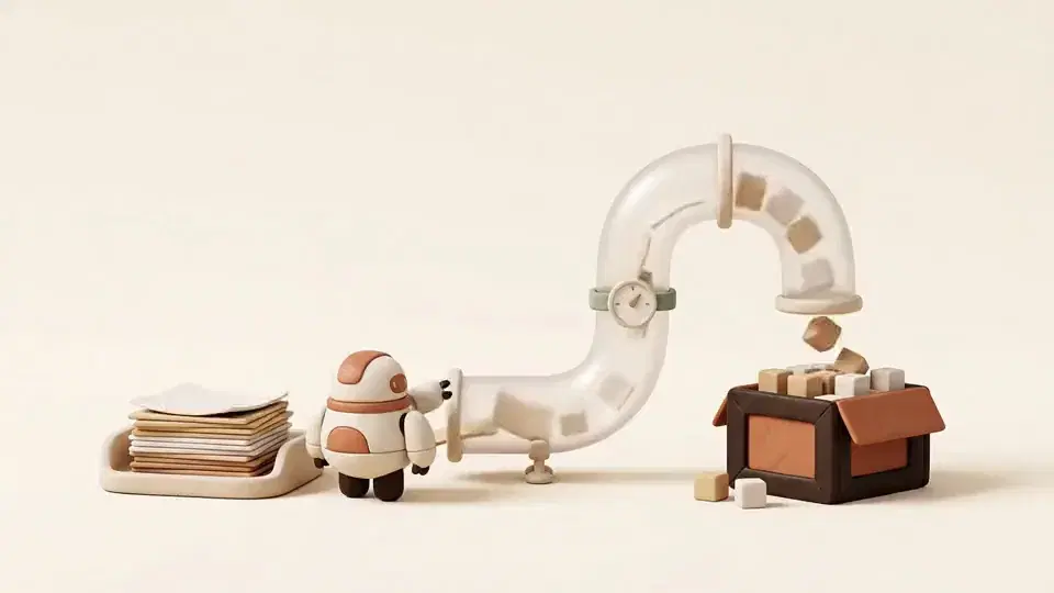 Paper sheets slide into a pipe and neat identical cubes drop into a crate
