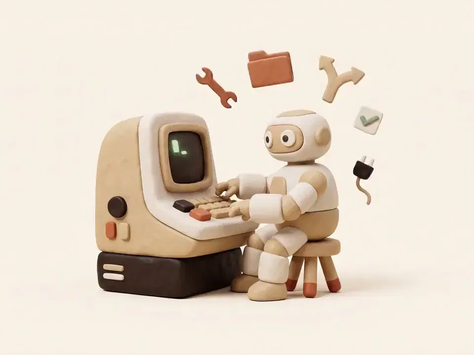 A clay diorama of a friendly robot at a terminal console with small floating tools orbiting it