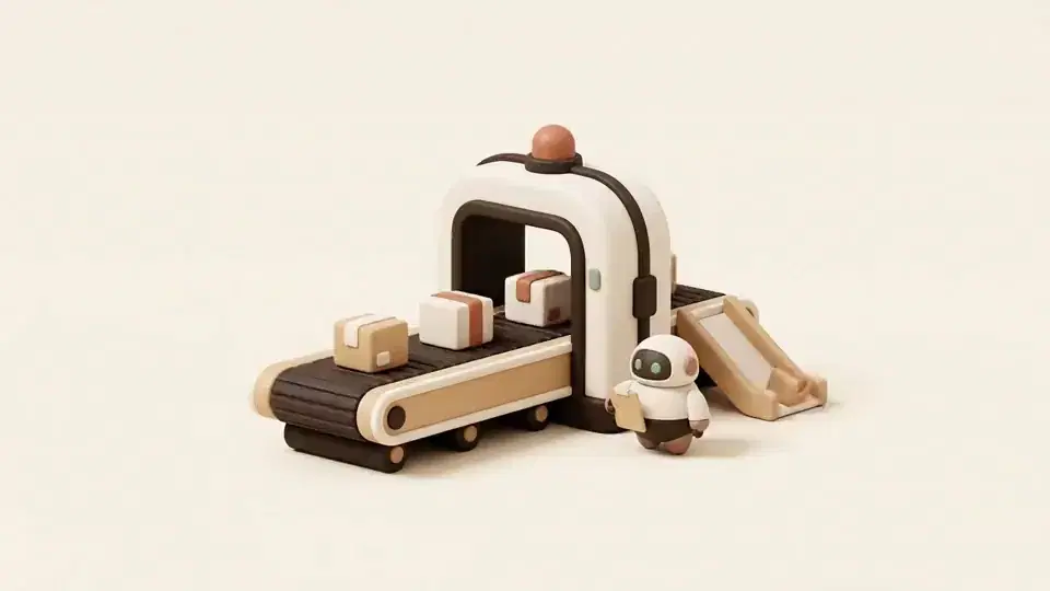 Parcels pass one at a time through a scanner arch with a lamp on top