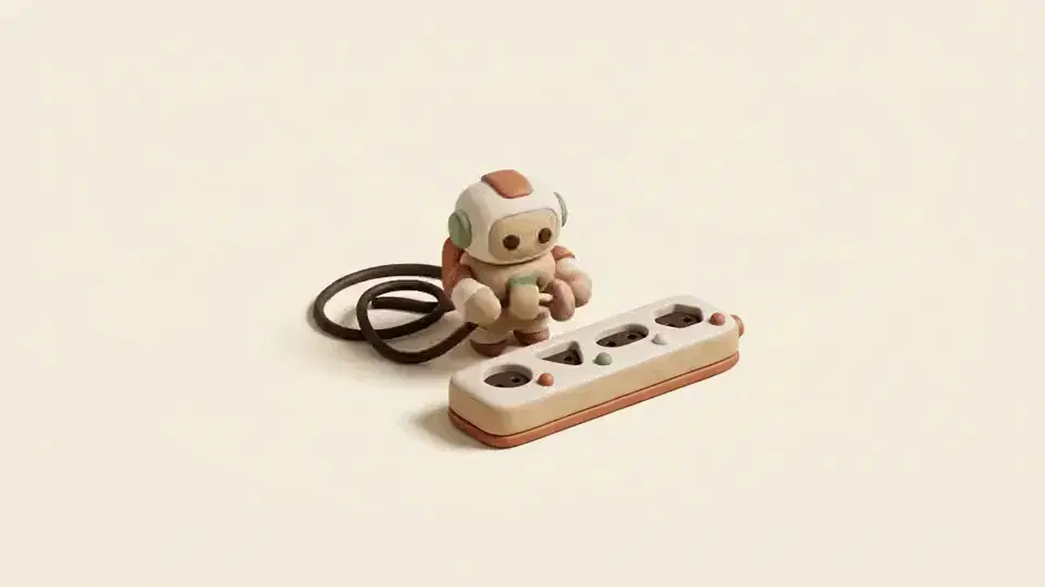A tiny robot plugs a cable into one socket of a wide power strip