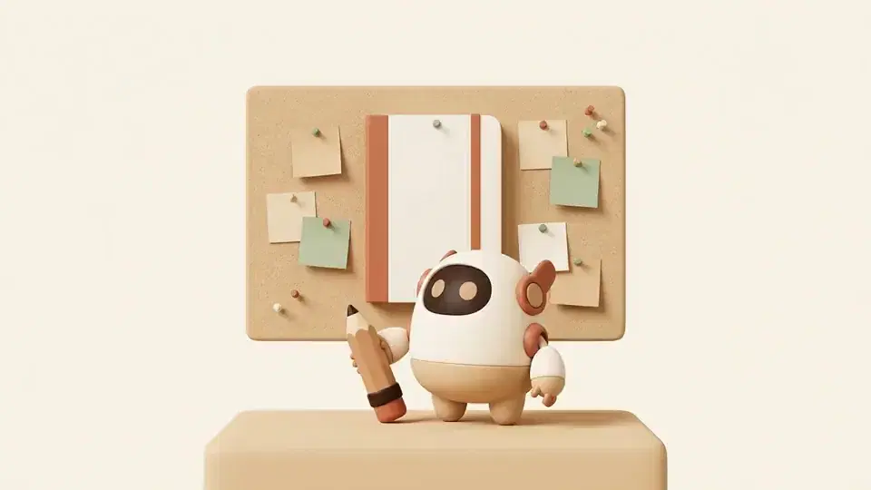A tiny robot at a cork wall with a notebook and sticky notes