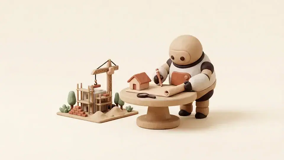 A tiny robot with a pencil over a blueprint and a clay house model, with the real building site untouched