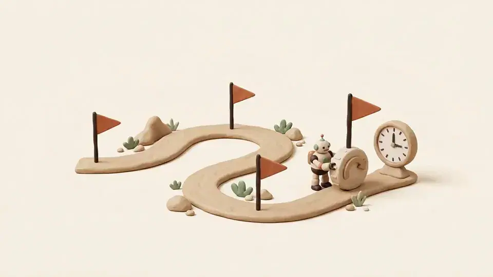 A tiny robot turns a big dial with a curved arrow and a clock beside a path with flags