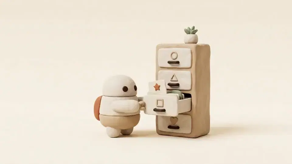 A tiny robot slides a folder out of a small filing cabinet