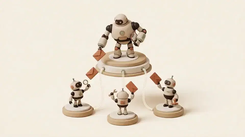 A larger robot hands envelopes to three smaller robots, each with a different tool