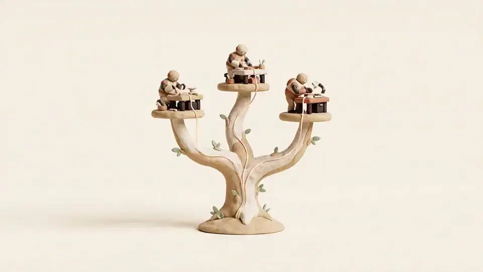 A tree trunk splitting into three branches, each with a tiny robot at a workbench