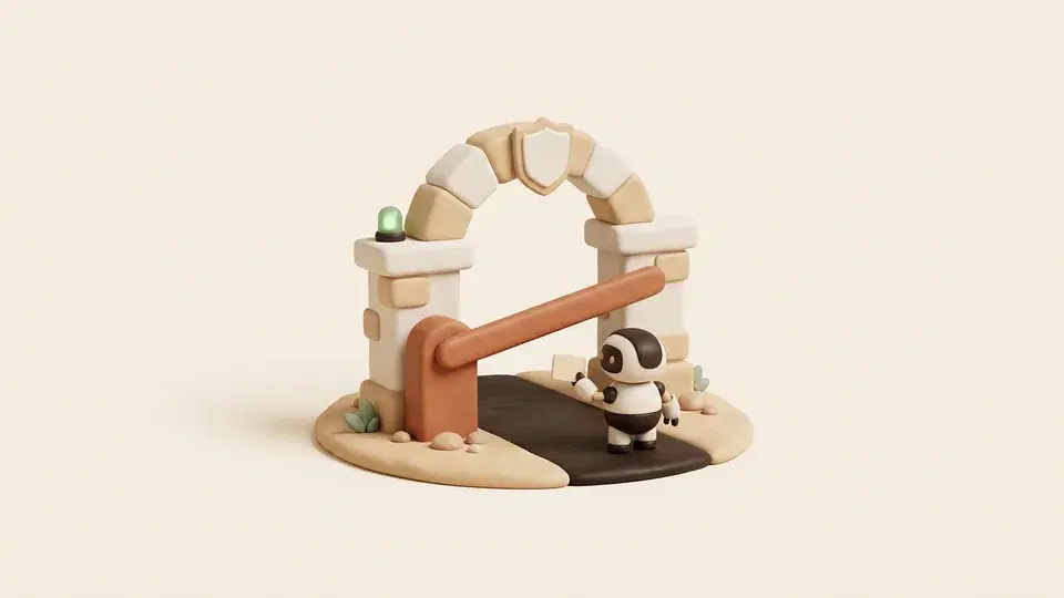 A barrier arm at a stone gate lifts as a green lamp brightens while a small robot raises a pass card