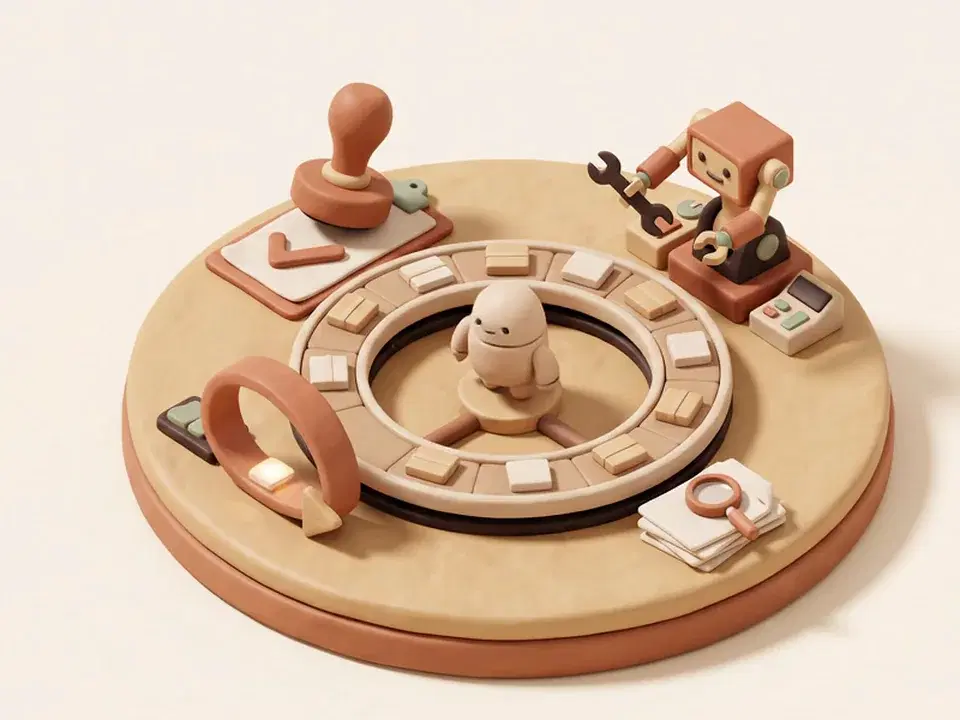 A glowing tile travels around a circular track past a magnifying glass, a robot arm with a wrench and a check stamp while a small robot watches from the centre