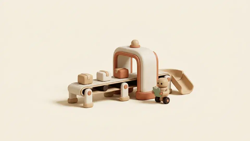 Parcels slide along a conveyor through a scanner arch whose lamp flashes while a small robot inspector checks a clipboard