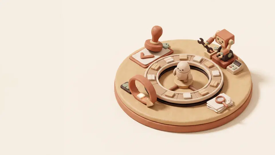 A glowing tile travels around a circular track past a magnifying glass, a robot arm with a wrench and a check stamp while a small robot watches from the centre