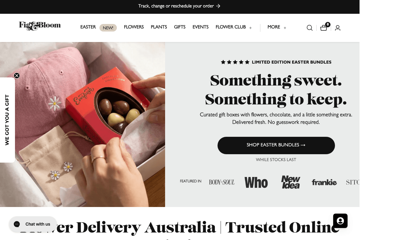 Fig and Bloom ecommerce website homepage showing their floral arrangements and online store