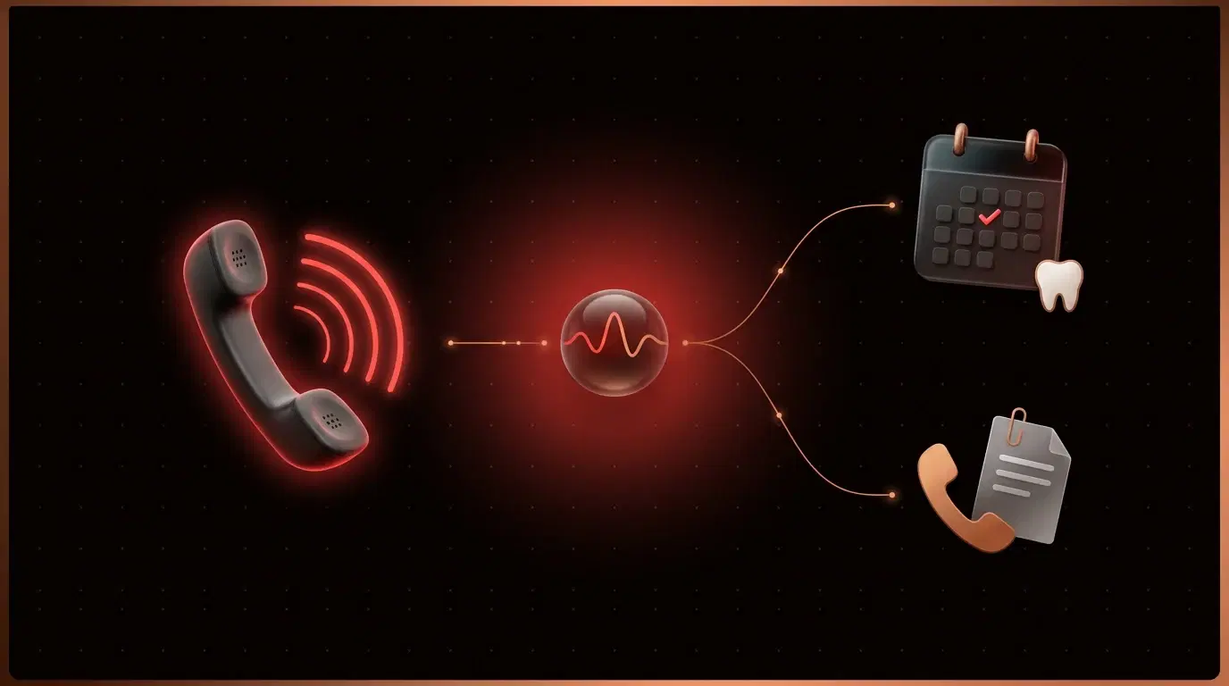 A ringing phone routed through a voice agent to either a booked calendar slot or a warm transfer with a transcript