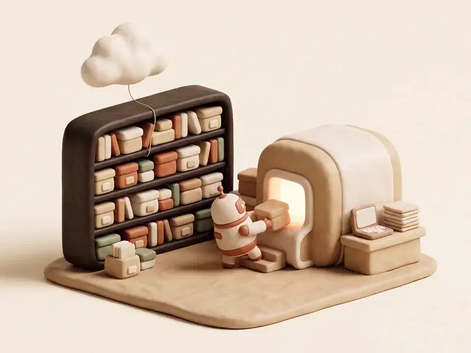 A clay diorama of a library shelf of small boxes, with a tiny robot sliding one box into a glowing slot in a friendly machine