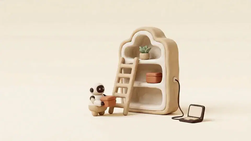 A tiny robot slides a box into a compartment on a tall cloud shaped shelf