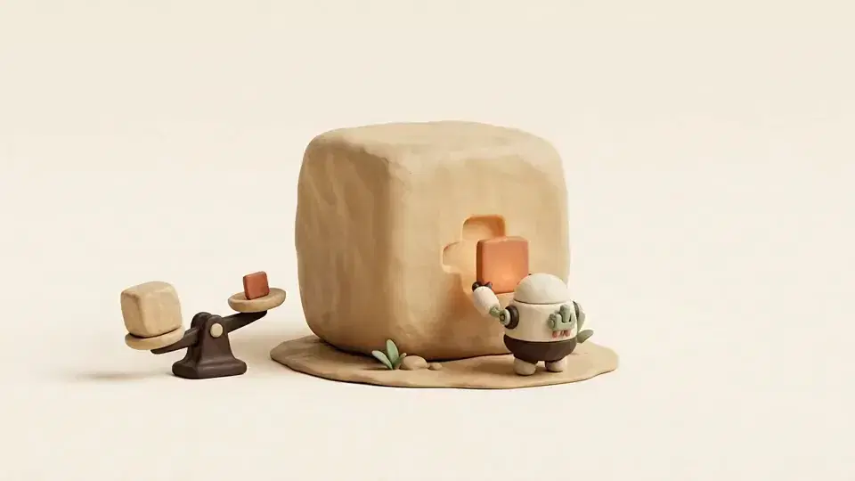 A tiny robot snaps a small glowing tile into a notch on a large heavy block