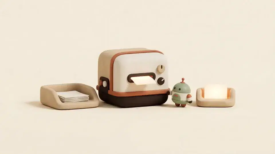 A paper sheet slides into a friendly machine and a glowing card slides out