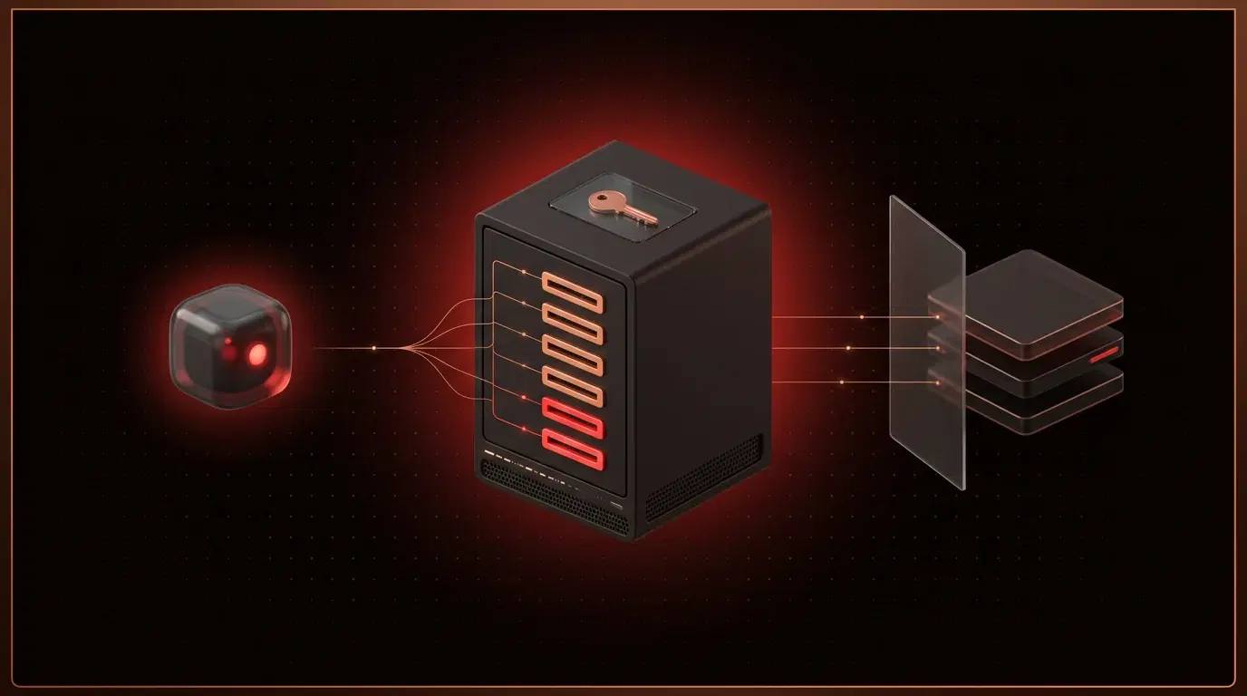 An AI agent cube connected through a server with six tool slots, a sealed key inside, to an API behind a shield