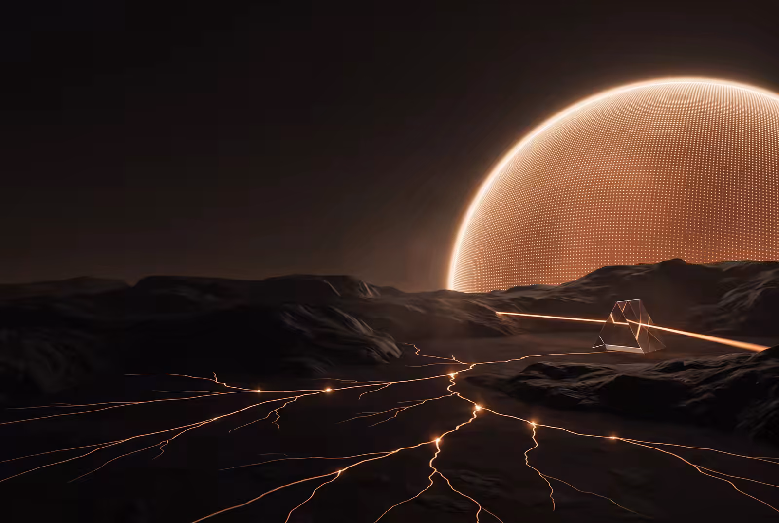 A glass prism lattice on dark volcanic ground with one crisp amber beam entering and one leaving