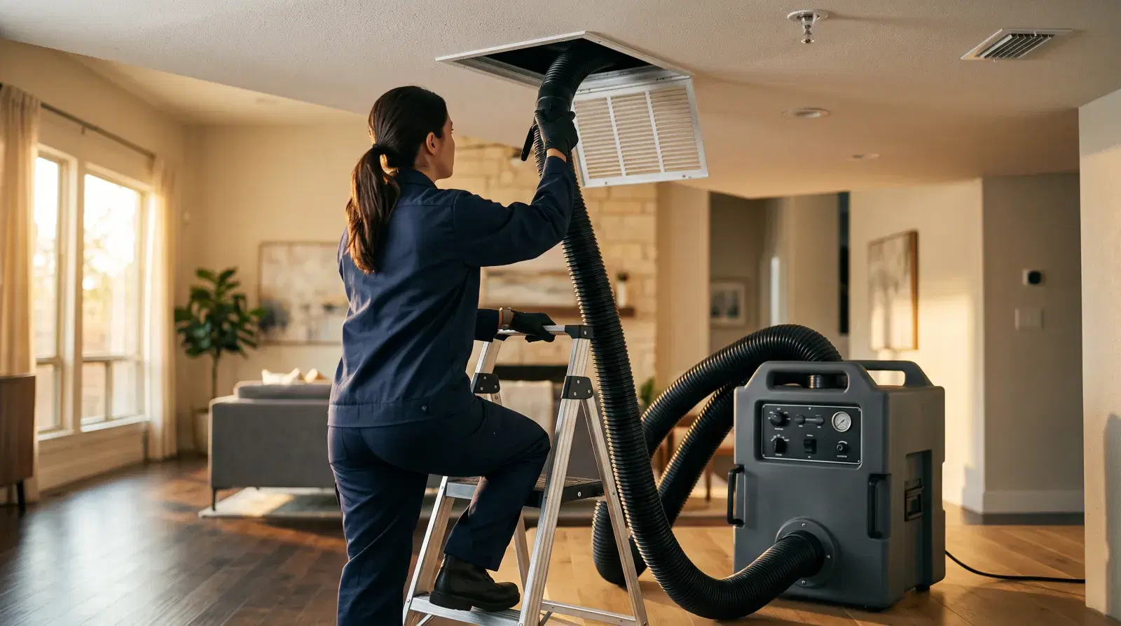A duct cleaning technician guiding a cleaning hose into a ceiling vent in a Texas home