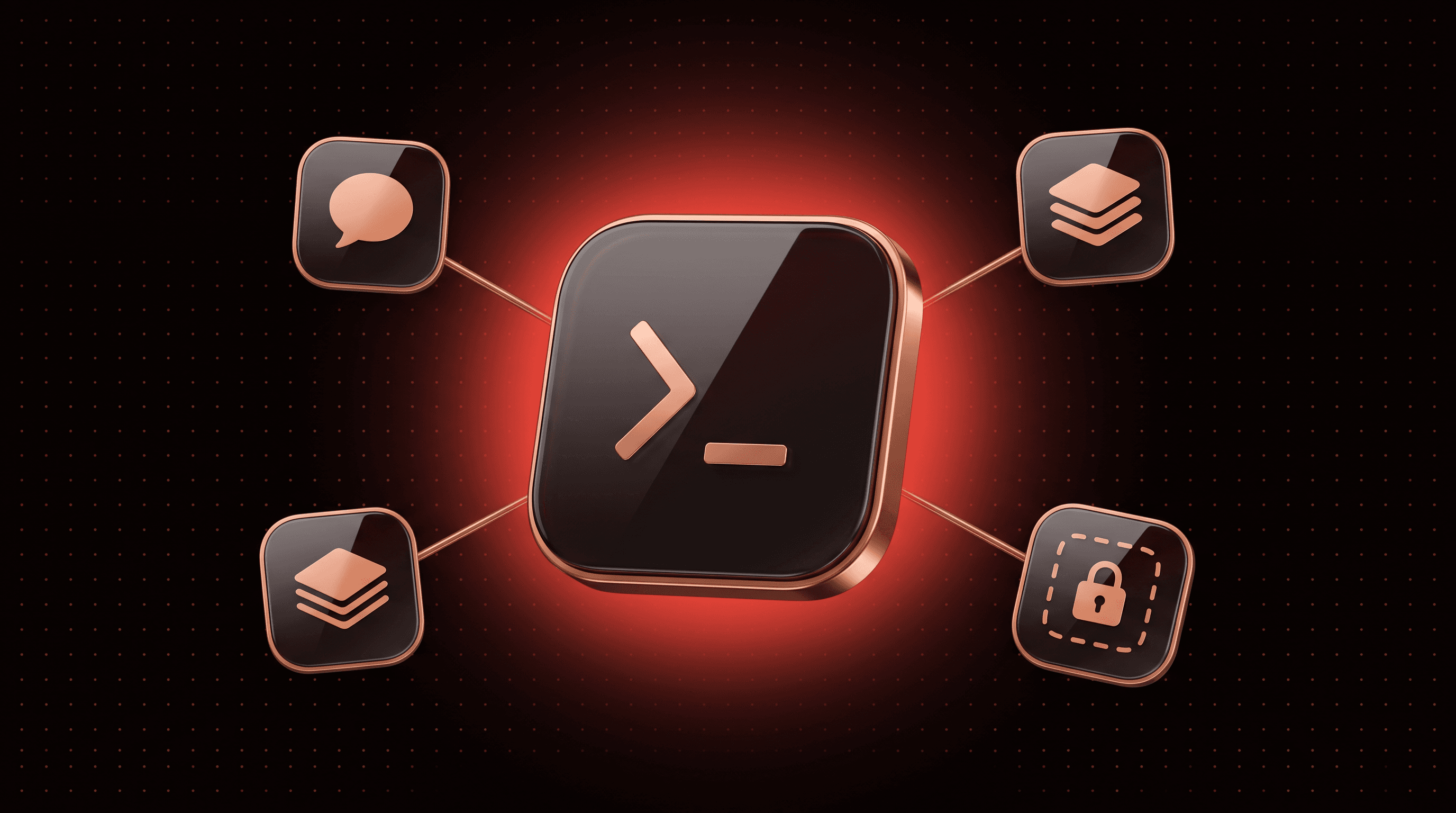 Terminal tile for Hermes Agent connected to chat, memory and sandbox style icons on a dark background