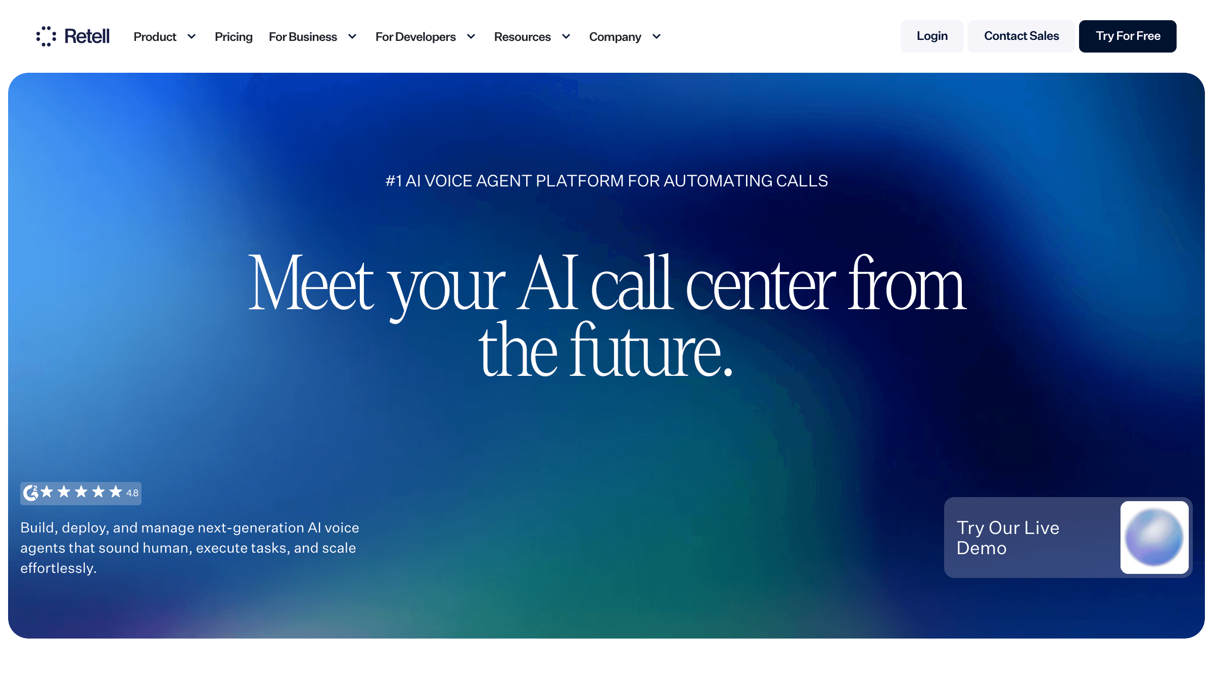 Retell AI homepage showing the voice agent platform dashboard and key features