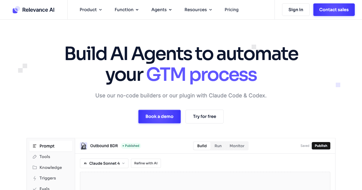 Relevance AI agent builder showing no-code AI agent configuration with tools and plain English instructions