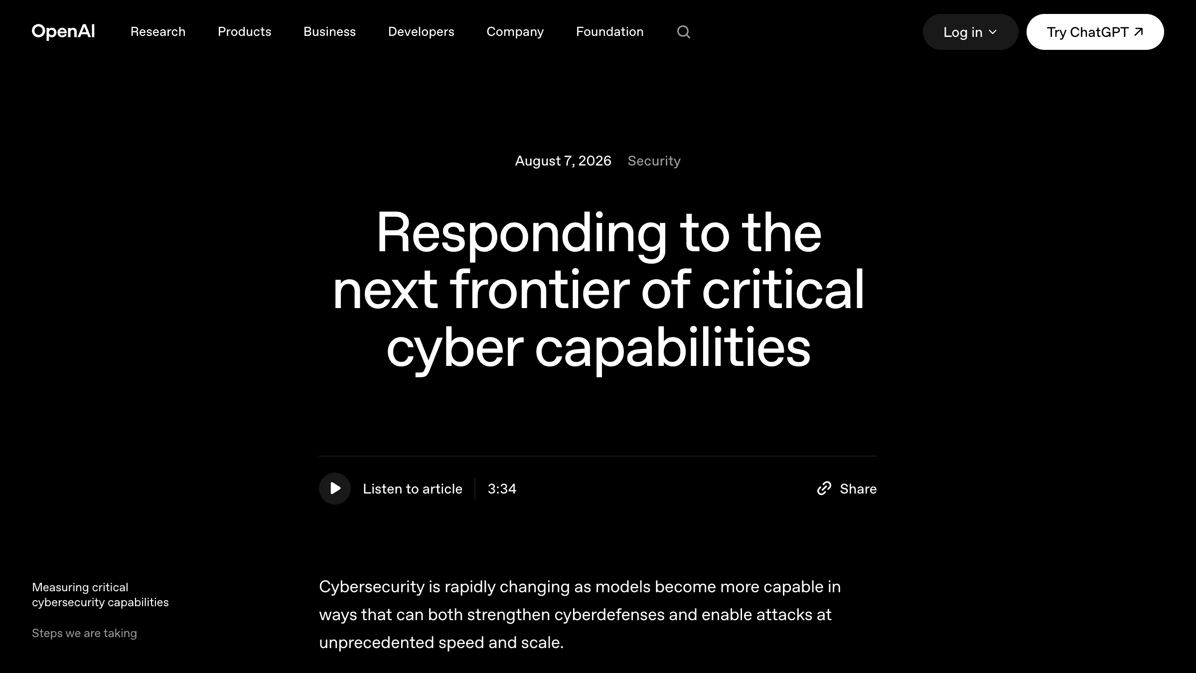 OpenAI blog post titled Responding to the next frontier of critical cyber capabilities, dated August 7 2026 under the Security category