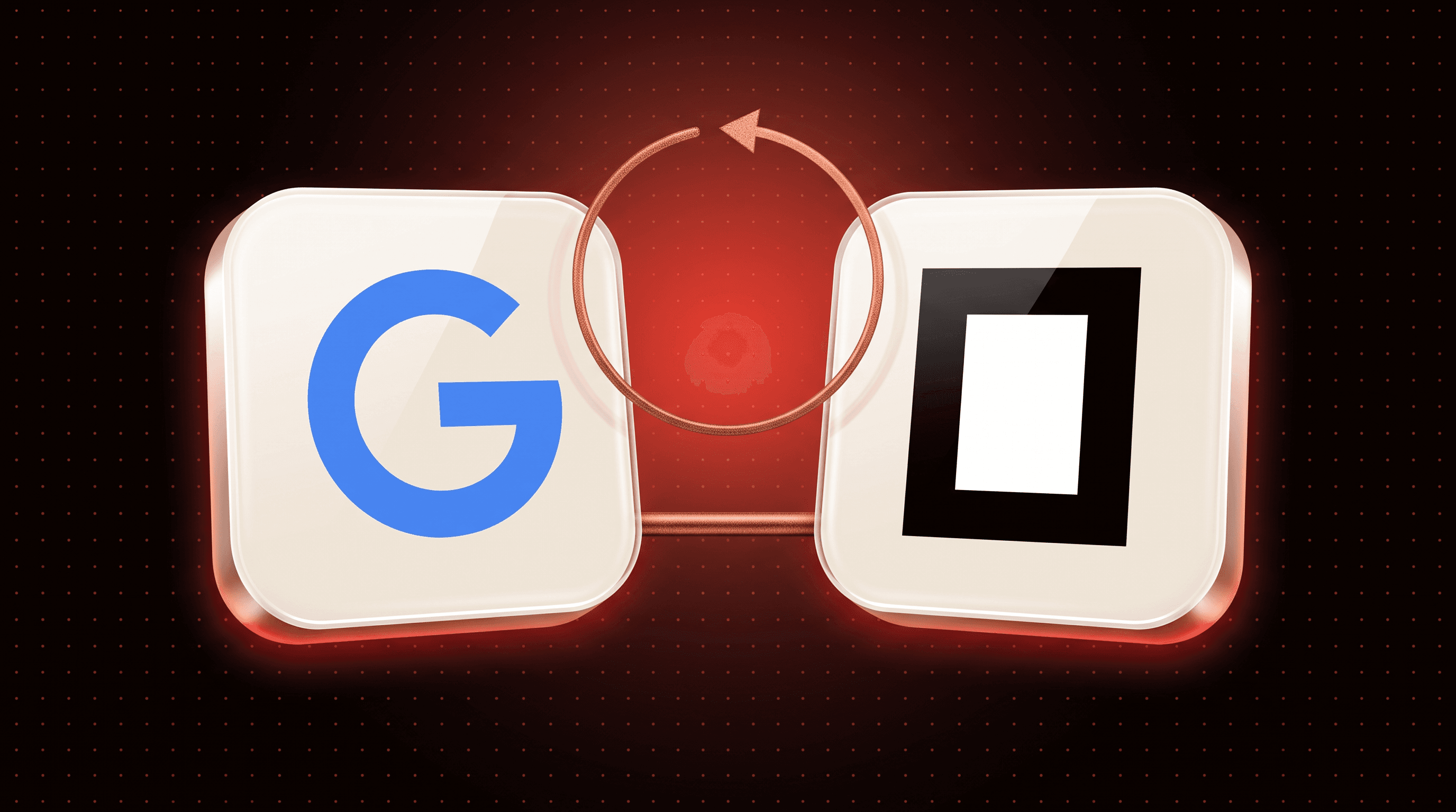 Google G logo tile and OpenCode logo tile joined by a copper connector with a looping arrow, representing the Google Harness2 guide