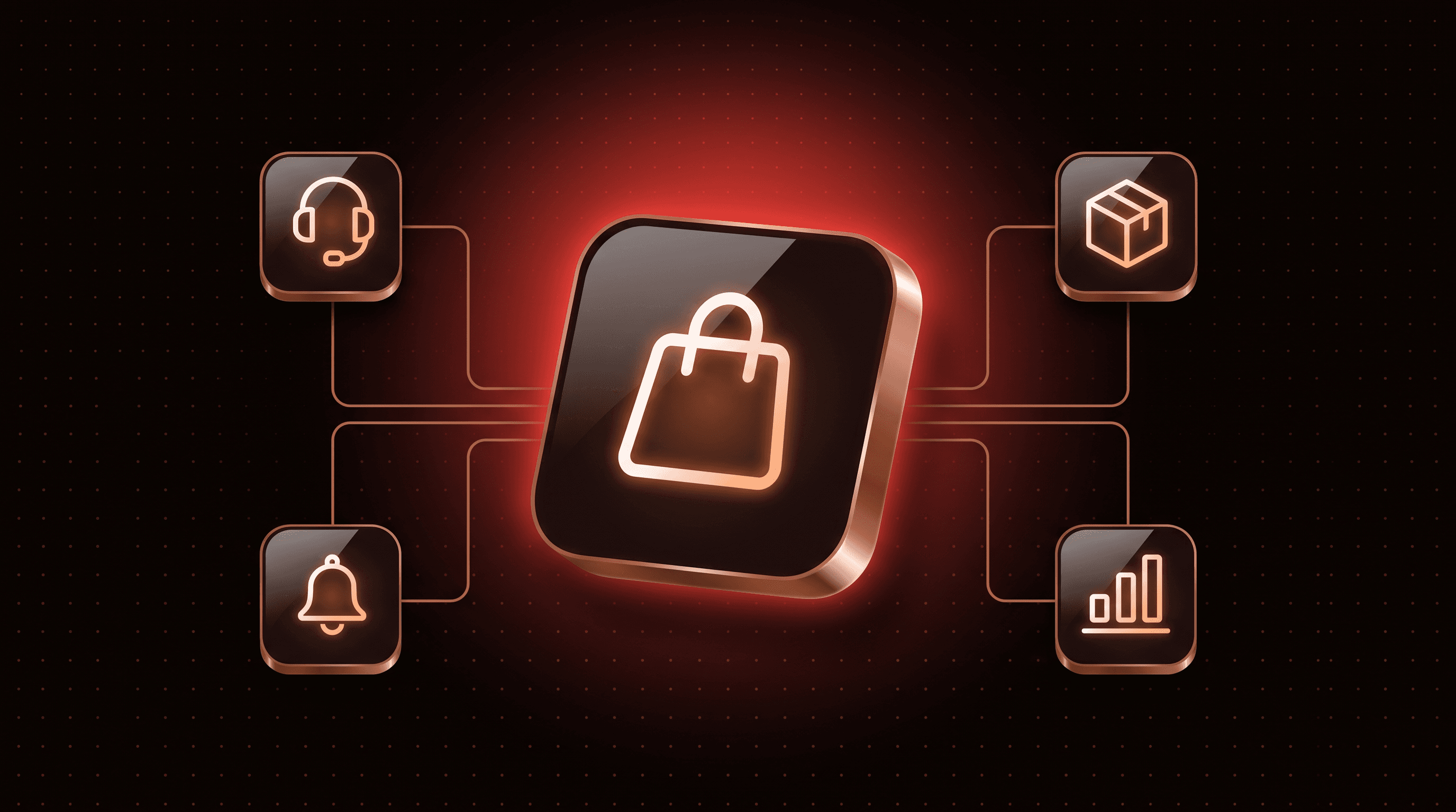 Shopping bag icon linked to support, package, alert and chart icons, showing an AI agent platform for automating merchant tasks