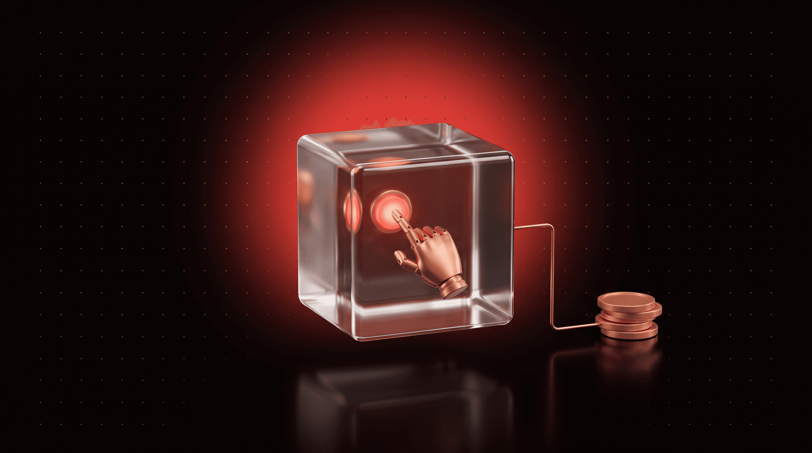 Glass cube sandbox holding a copper robotic hand that presses a red button, linked to a stack of credit coins, for the Manus AI agent