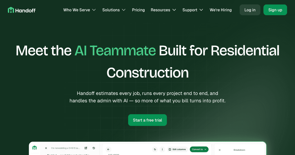 Handoff AI homepage showing AI-powered estimates and proposals for residential contractors
