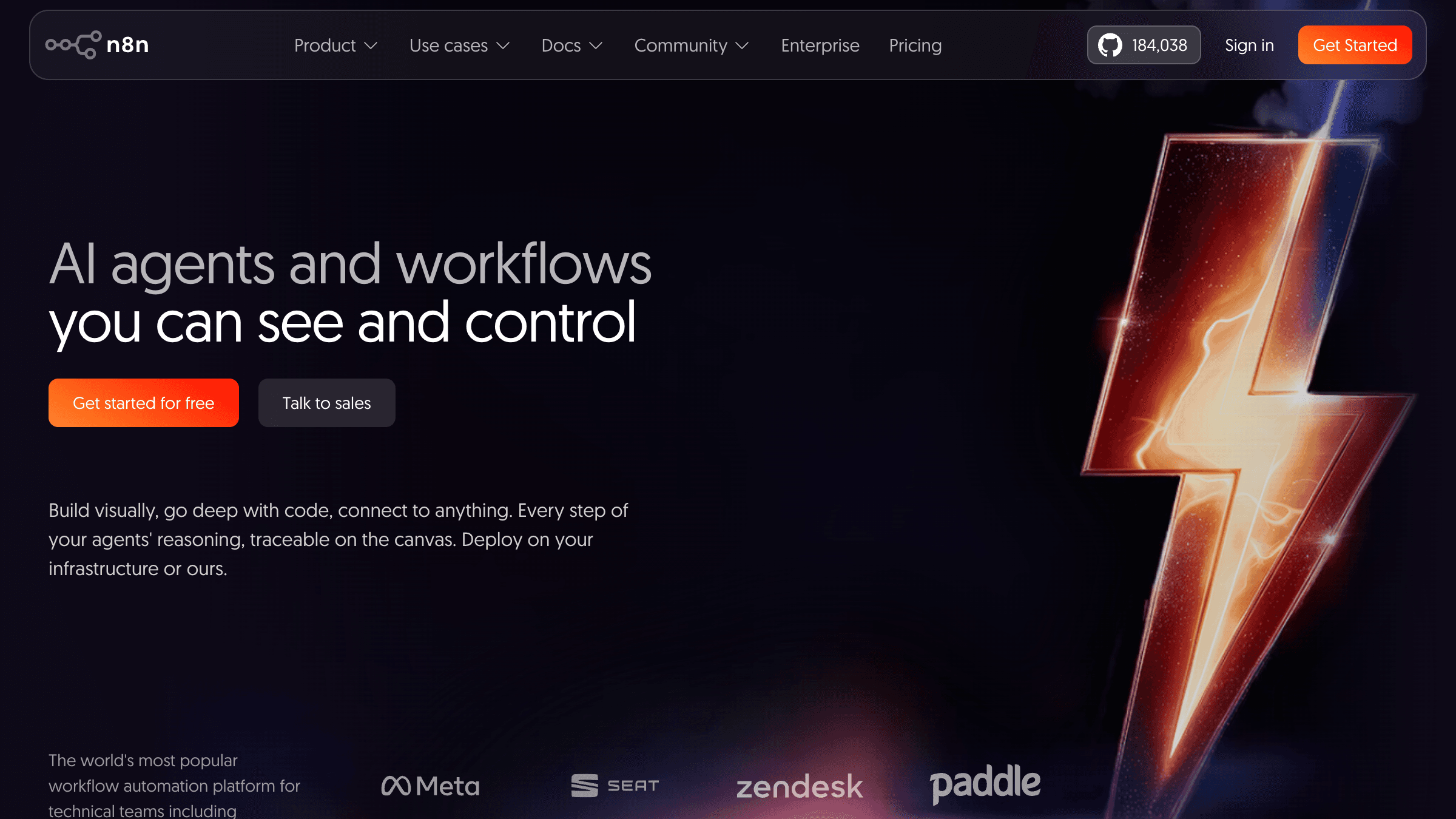 n8n visual workflow builder homepage showing drag-and-drop automation interface for small businesses