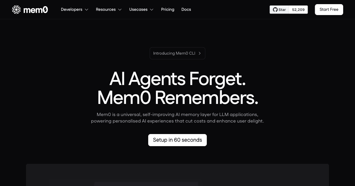 Mem0 homepage showing the universal memory layer for AI agents with personalization and persistent context management