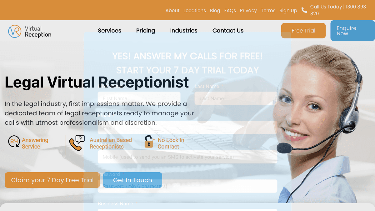 Australian legal virtual receptionist service homepage with 24-hour answering, Australian-based receptionists, and no lock-in contract