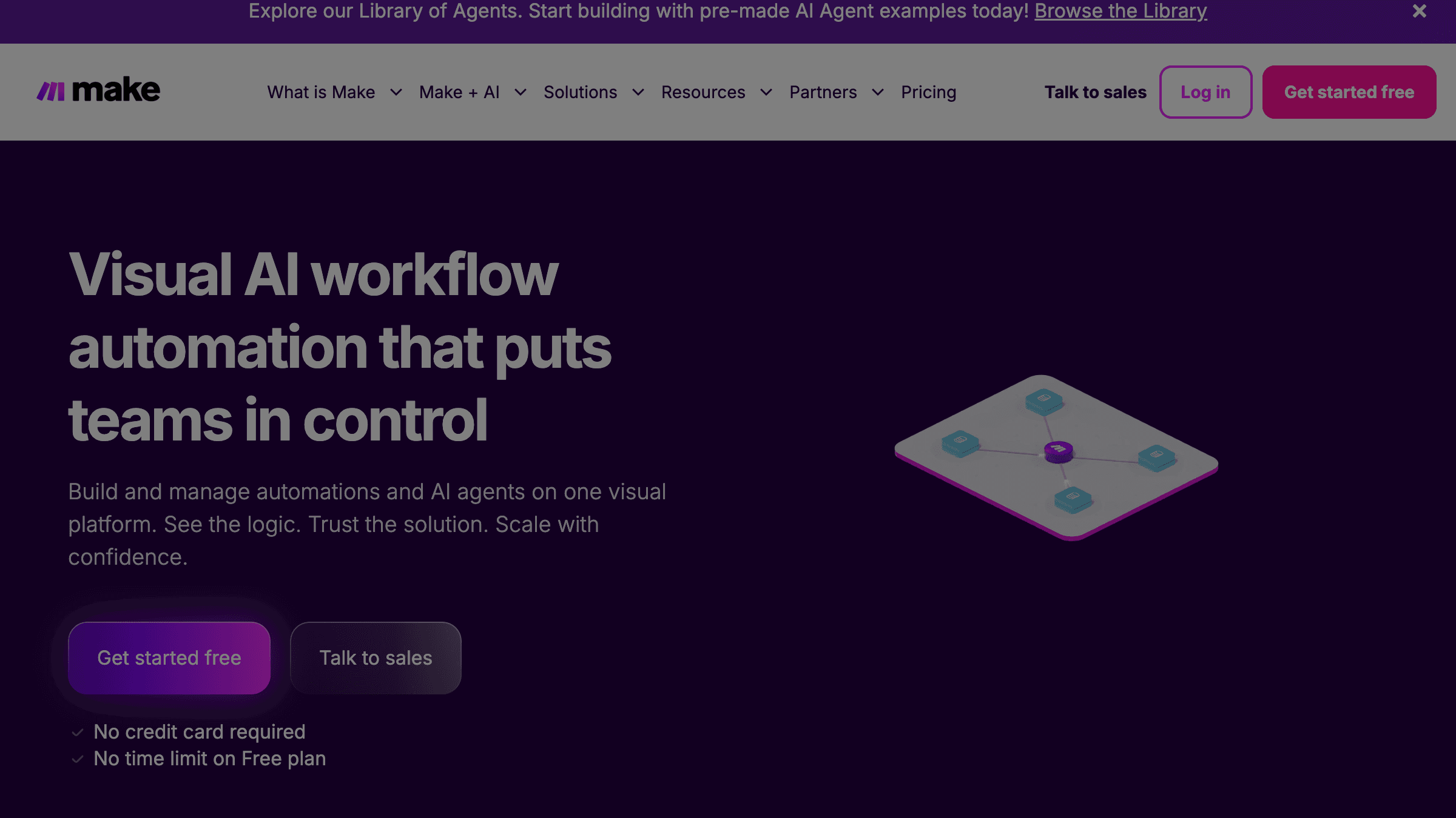 Make.com homepage showing the visual no-code workflow builder used by small businesses worldwide
