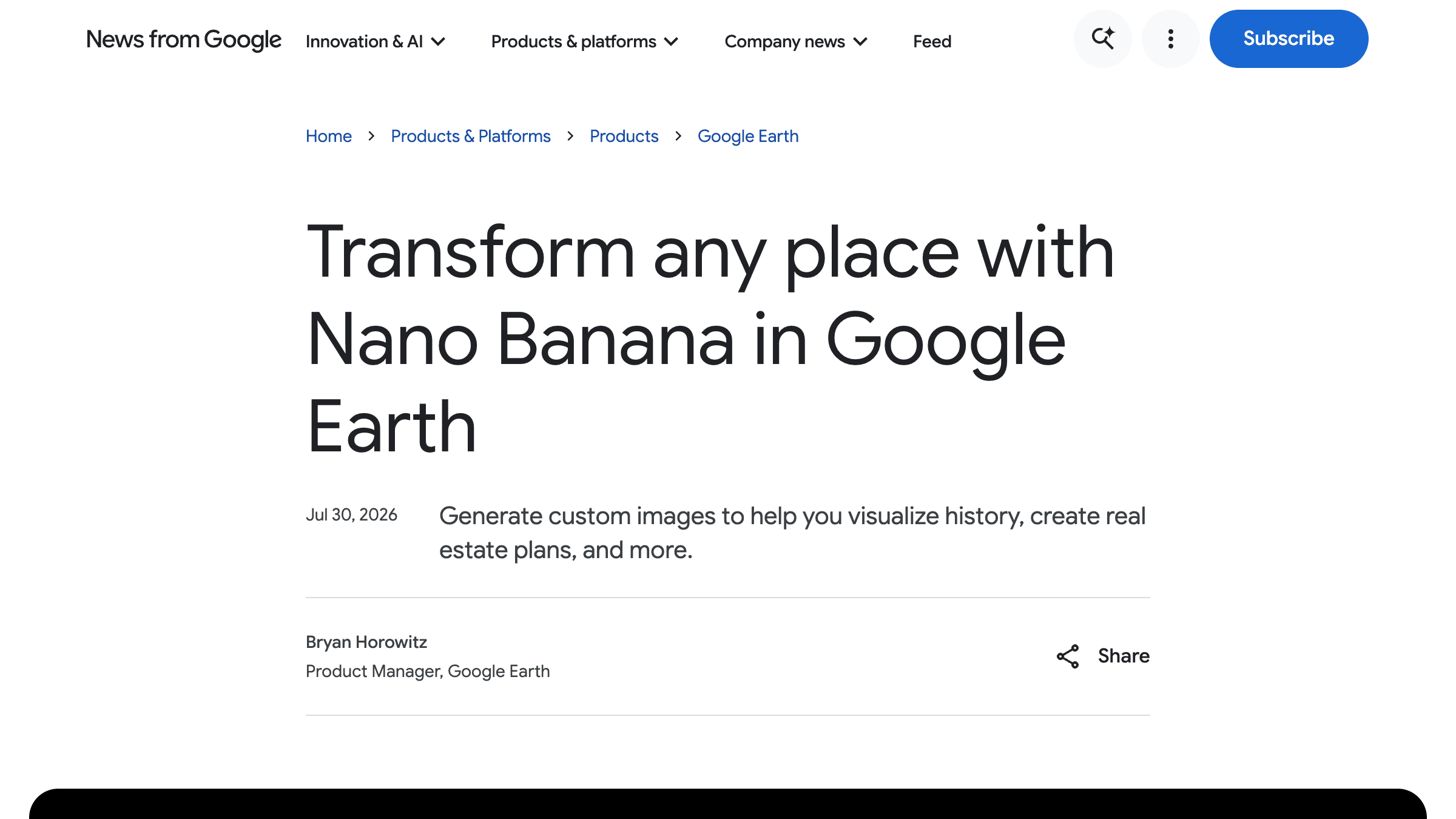 Google Earth blog post titled Transform any place with Nano Banana in Google Earth, dated July 30 2026, by product manager Bryan Horowitz