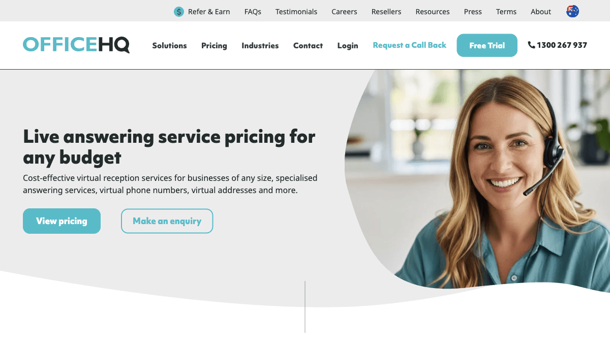 OfficeHQ Australia virtual receptionist pricing page showing live answering service plans for any budget