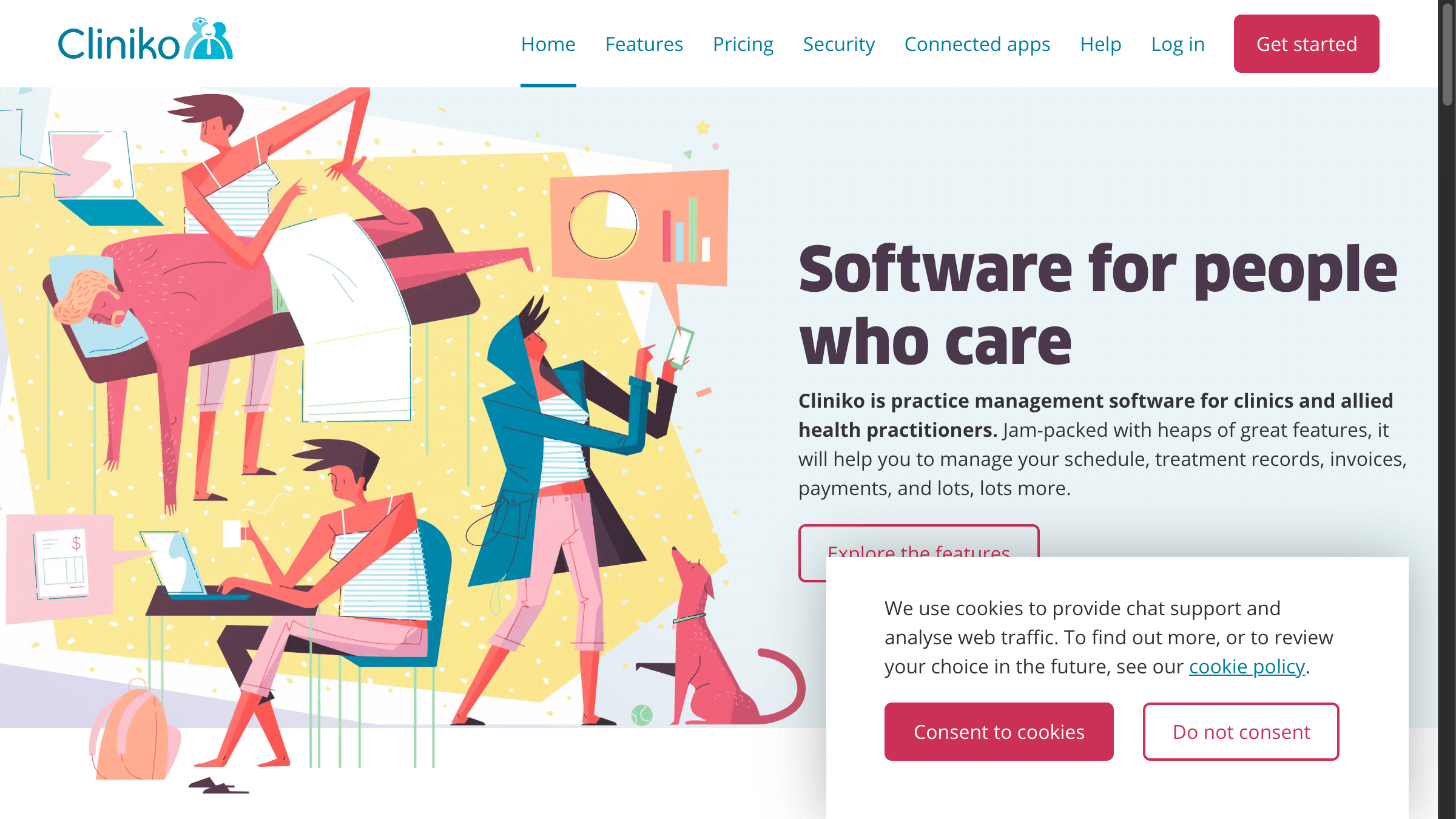 Cliniko practice management software homepage, the kind of system a virtual receptionist for medical practice reception must write appointments into