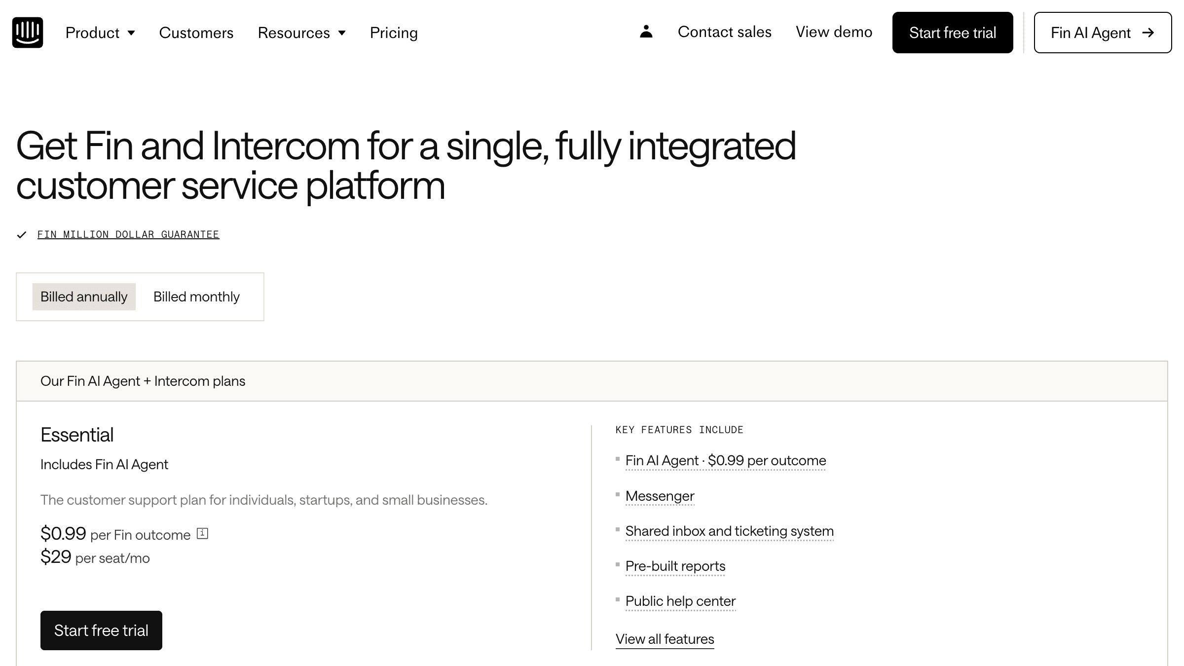 Intercom pricing page showing seat-based and per-resolution pricing for Fin AI Agent in 2026
