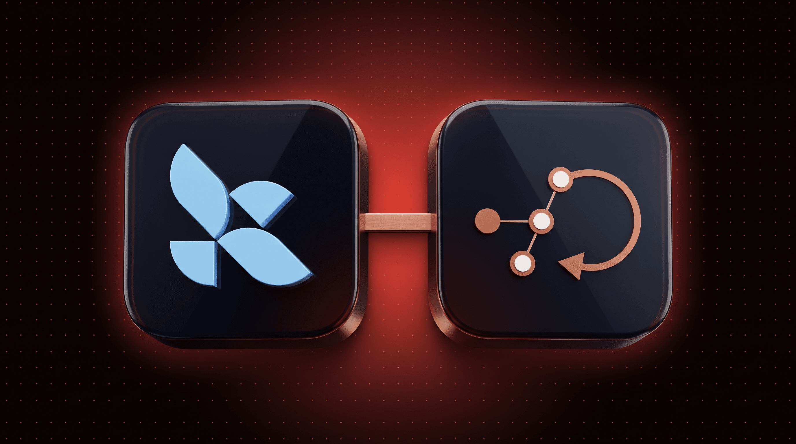 LangChain logo tile joined to a looping node graph tile, illustrating langchain vs langgraph