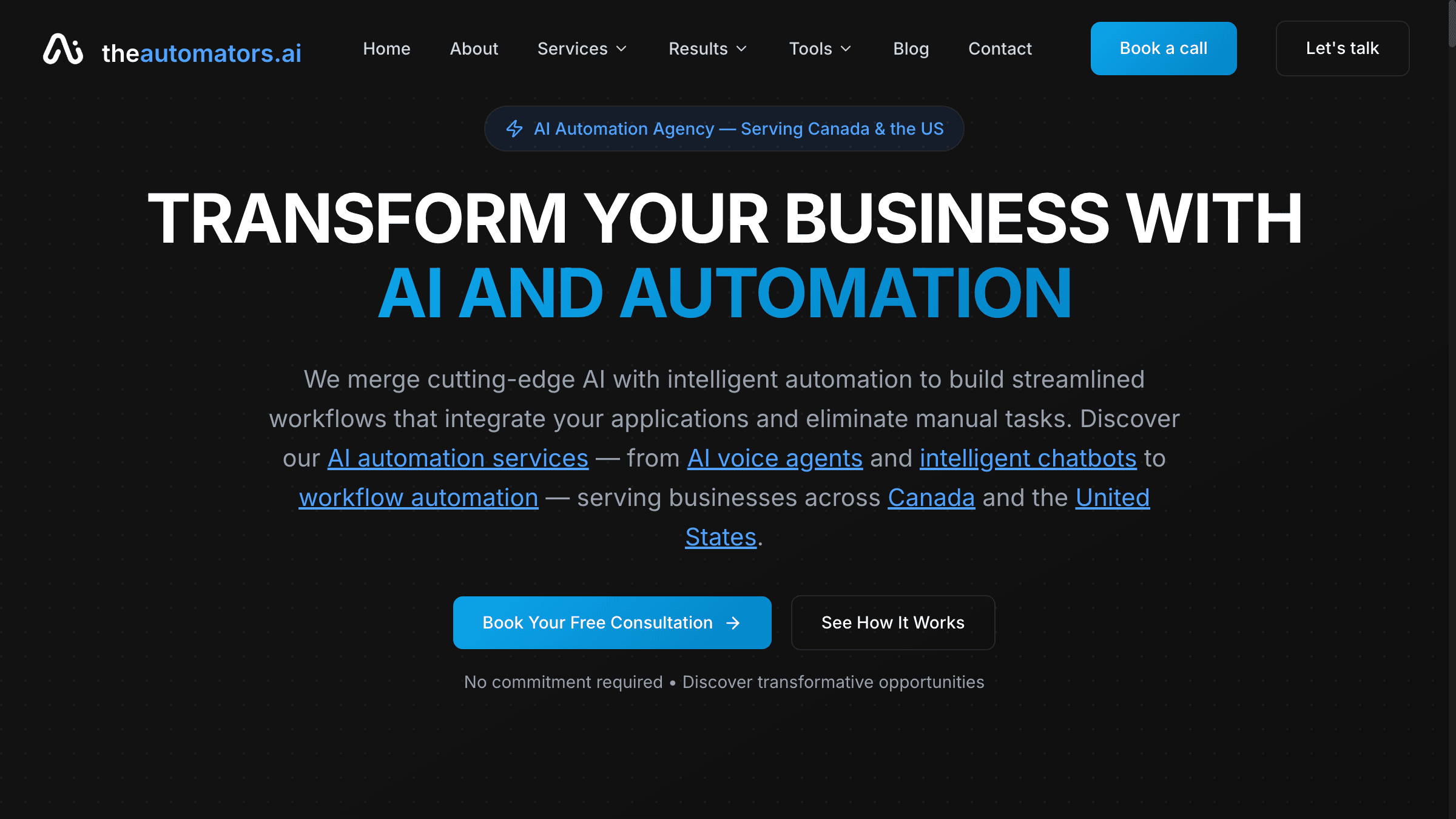 AI automation agency homepage showing Canadian AI automation services and team