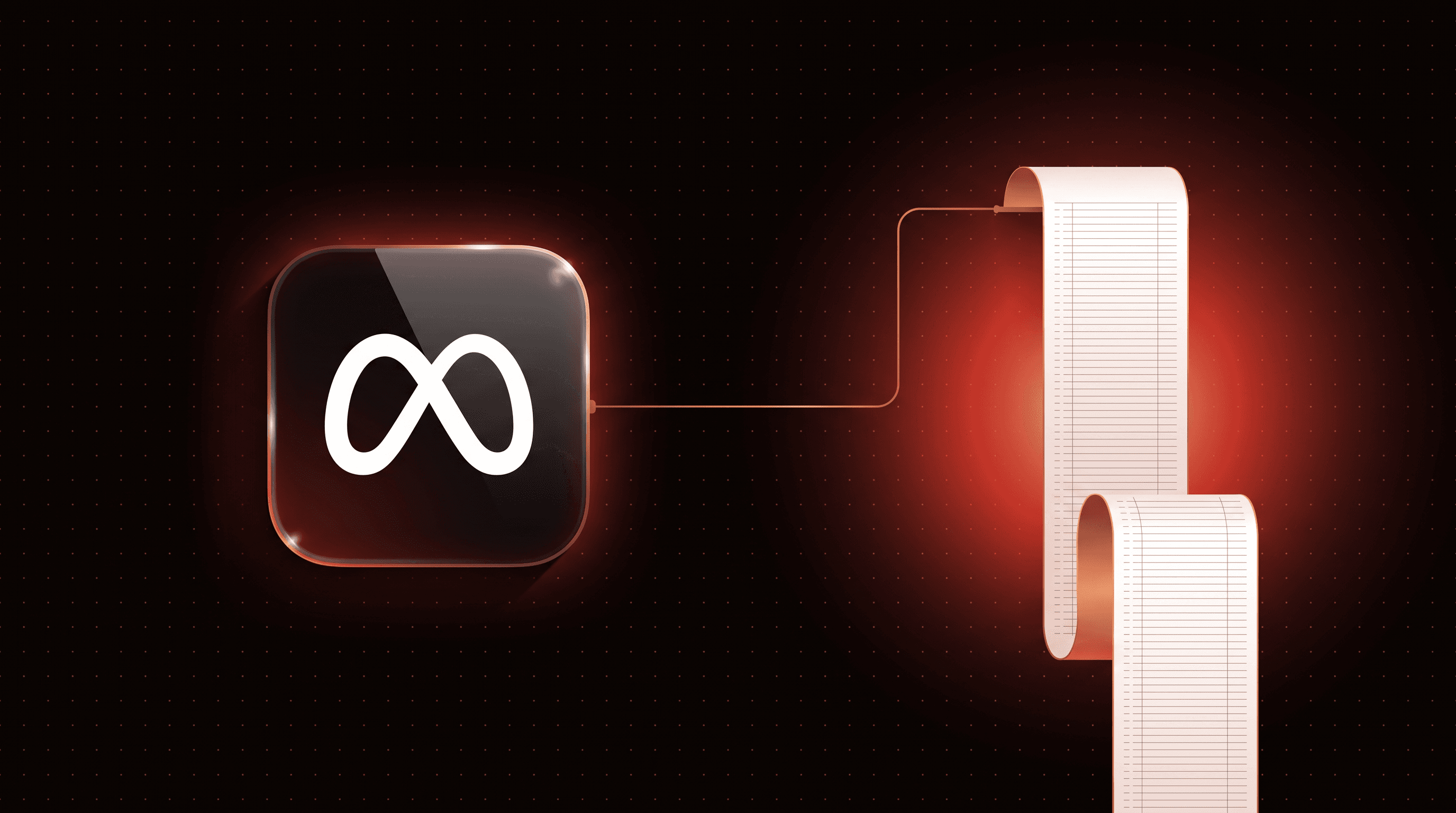 Meta logo on a glass app tile joined by a copper line to an unspooling ledger, an illustration of an AI agent audit log for the Muse dispute