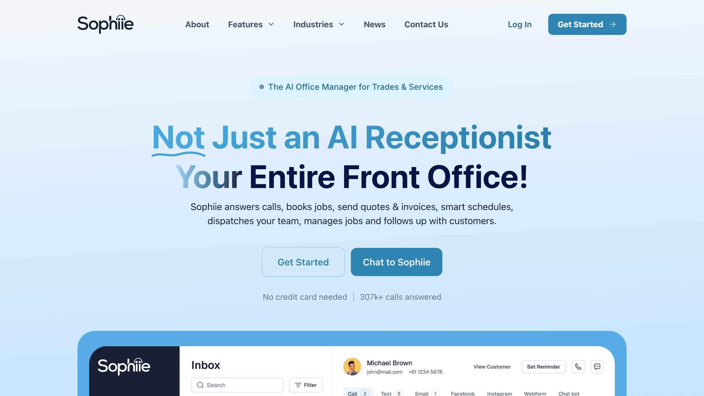 Sophiie AI homepage showing Australian built AI answering service for Sydney and Australian businesses