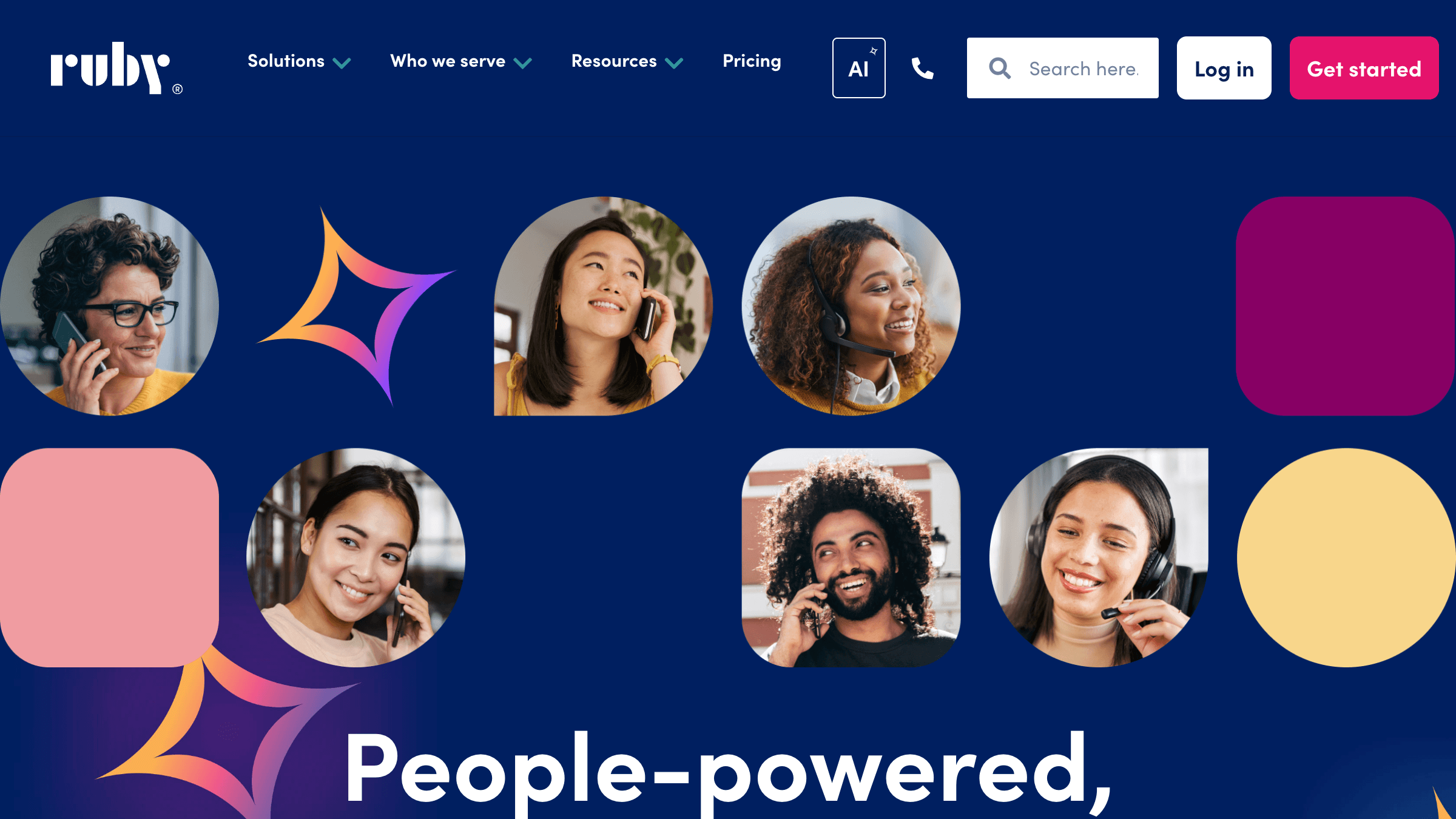Ruby virtual receptionist company homepage showing live US receptionists and 24/7 answering