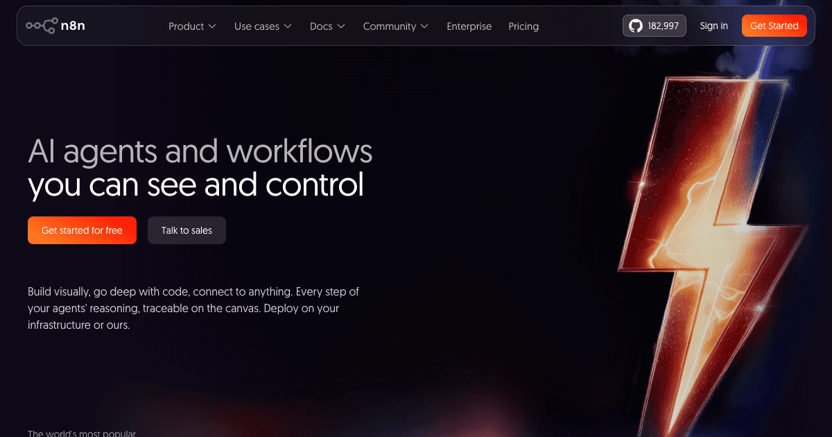n8n AI workflow automation platform homepage showing the tool used for building custom AI automation services